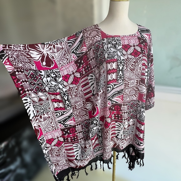 0070/ Red Black Colorful Poncho With Fringe , Loose Top - Picture 4 of 11